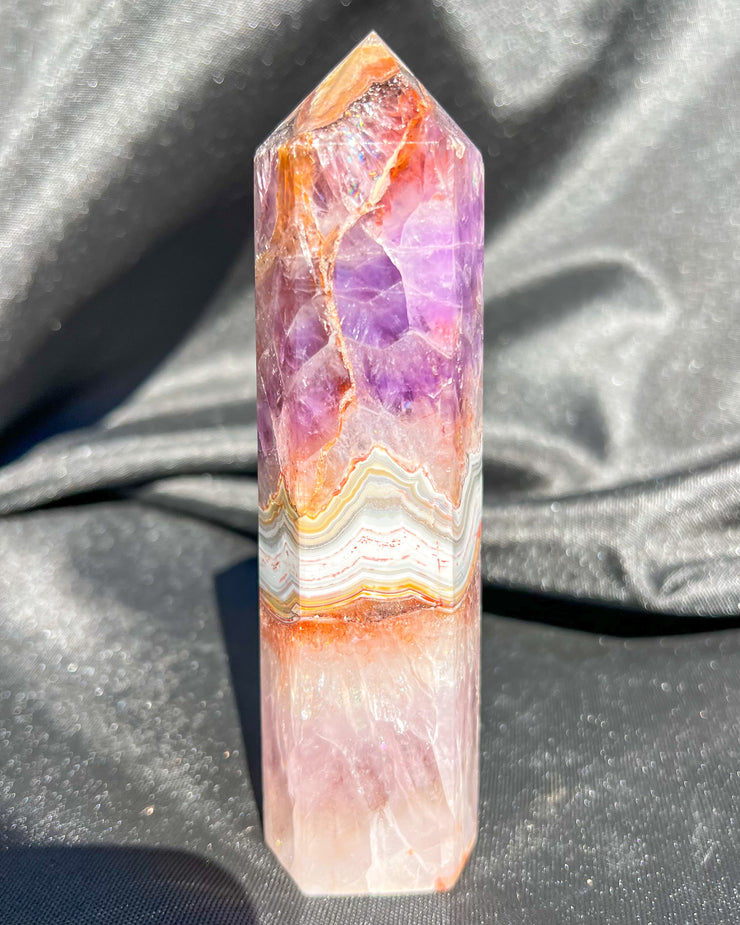 Purple Amethyst x Crazy Lace Agate Tower #9 | Sparkly Rainbow Crystal Self Standing Obelisk Home Decor Divine Energy