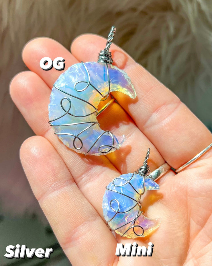 Opalite Crescent Moon Pendant (Two Sizes, 11 Custom Wire Colors)