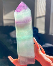 Green + Purple Fluorite Tower #2 | Sparkly Rainbow Candy Crystal Self Standing Obelisk Home Decor Glow