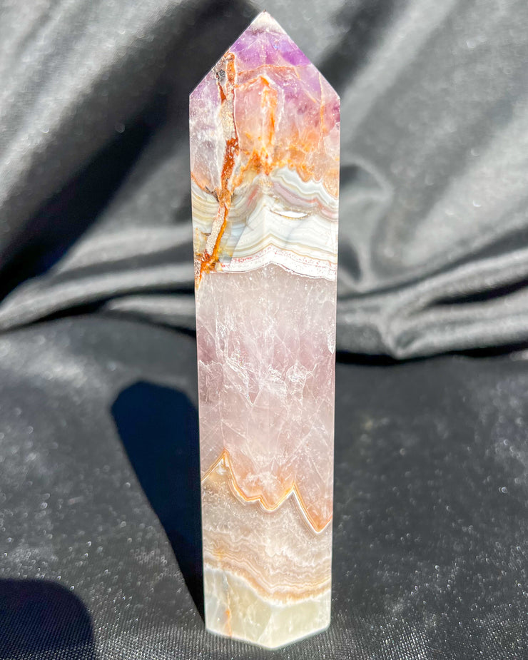 Purple Amethyst x Crazy Lace Agate Tower #7 | Sparkly Rainbow Crystal Self Standing Obelisk Home Decor Divine Energy