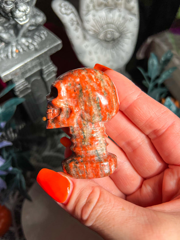 Red Seseme Jasper Skull w/ Neck on Stand