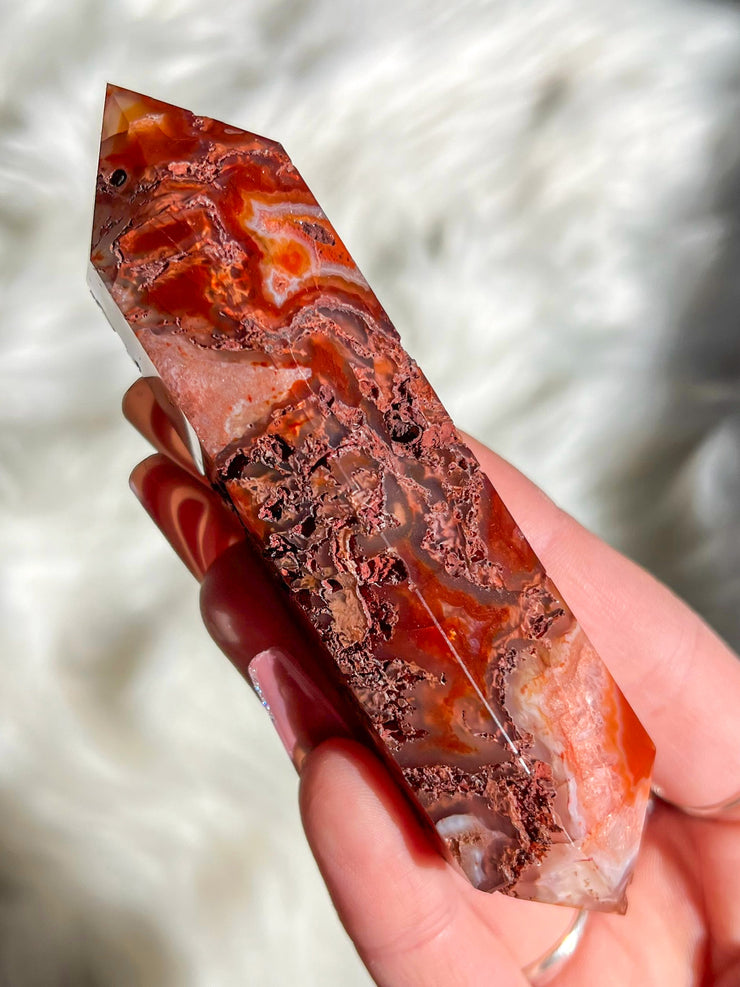 Carnelian Moss Agate Druzy Double Terminated Point #6