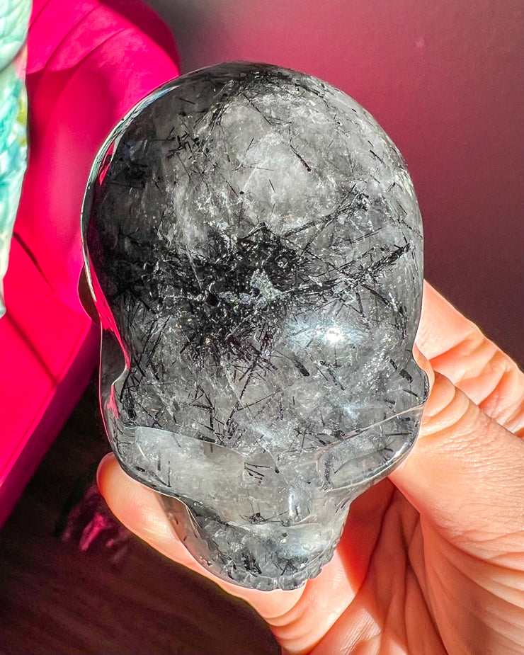 Sparkly Gemmy Black Tourmaline Quartz | Tourmalinated Rutile | Skull - Statement Crystal