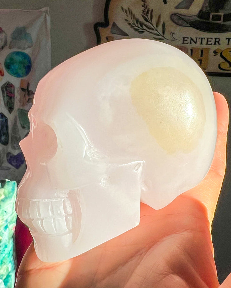 Pastel Pink Banded Mangano Calcite Skull - Statement Crystal (UV+) - LG02