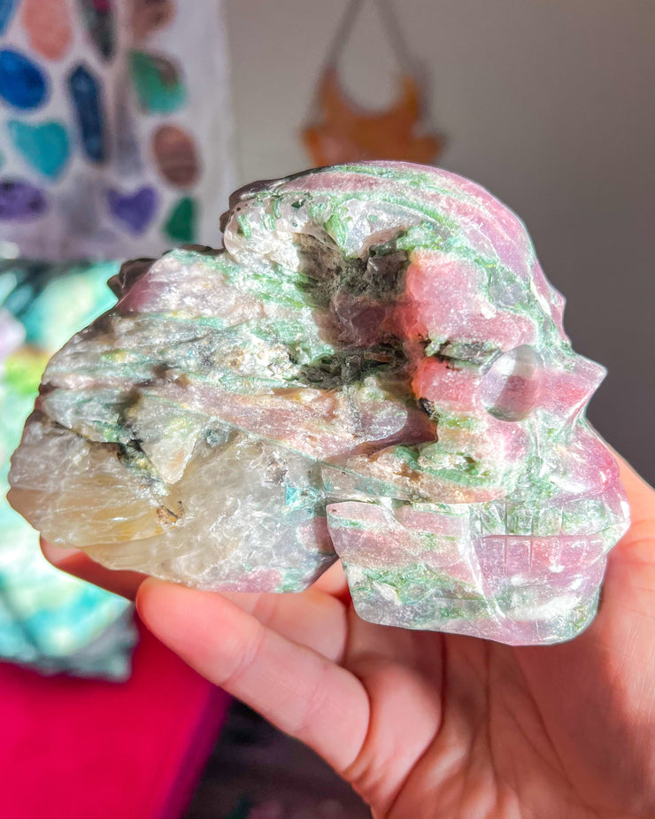 Pink + Green Tourmaline w/ Mica Sparkly Gemmy (Polished & Rough/Raw) Skull - Statement Crystal