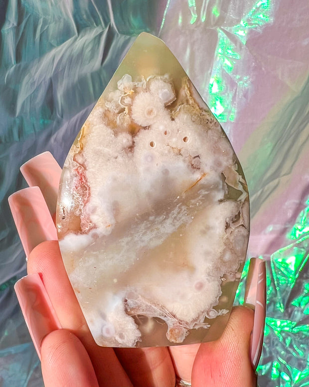 Flower Agate Freeform #6 | Druzy Crystal Self Standing Flame Home Decor