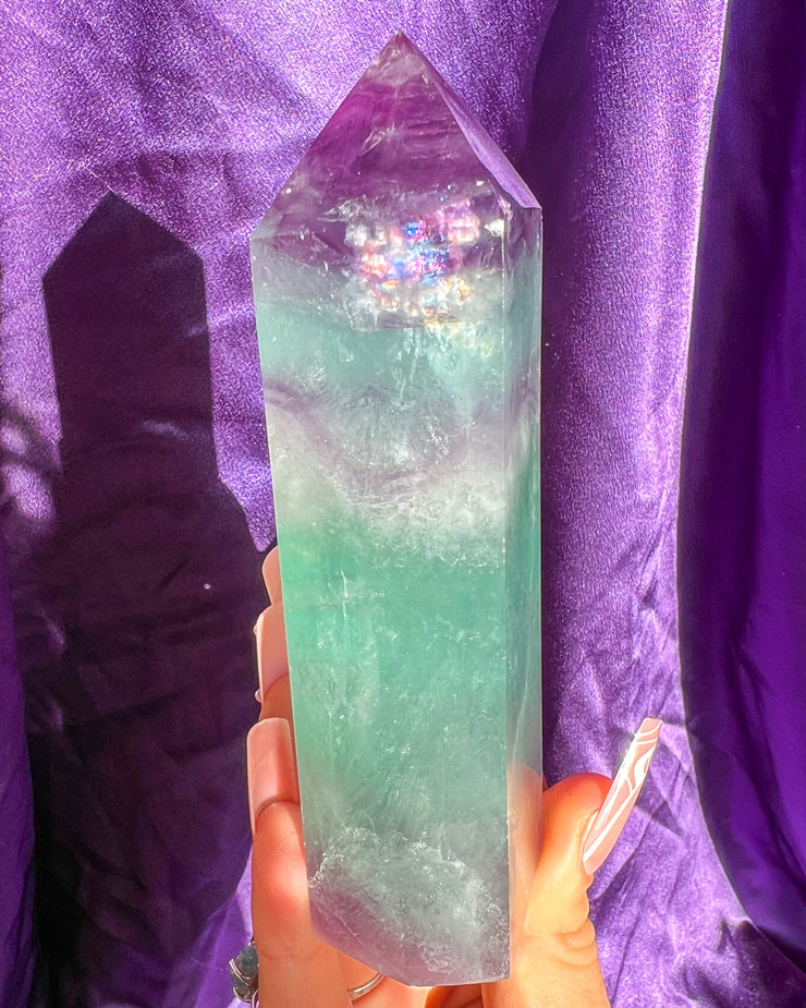 Green + Purple Fluorite Tower #1 | Sparkly Rainbow Candy Crystal Self Standing Obelisk Home Decor Glow