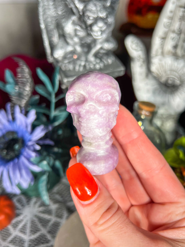 Lepidolite Skull w/ Neck on Stand