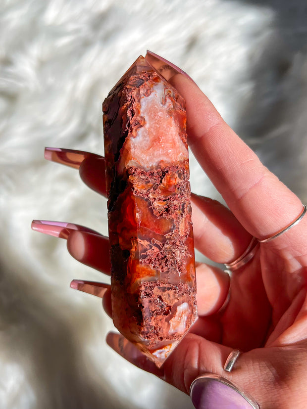 Carnelian Moss Agate Druzy Double Terminated Point #6