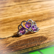 Trio Heart Amethyst 925 Sterling Silver Ring | February Birthstone Unique Jewelry 333