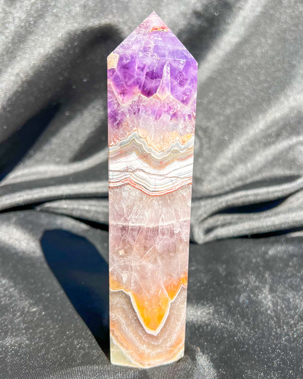 Purple Amethyst x Crazy Lace Agate Tower #3 | Sparkly Rainbow Crystal Self Standing Obelisk Home Decor Divine Energy