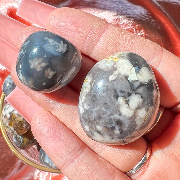 Black Flower Agate Tumbled Stone | Crystal Druzy Banded Tumbles Gift Cute Pocket Gemstone Rare