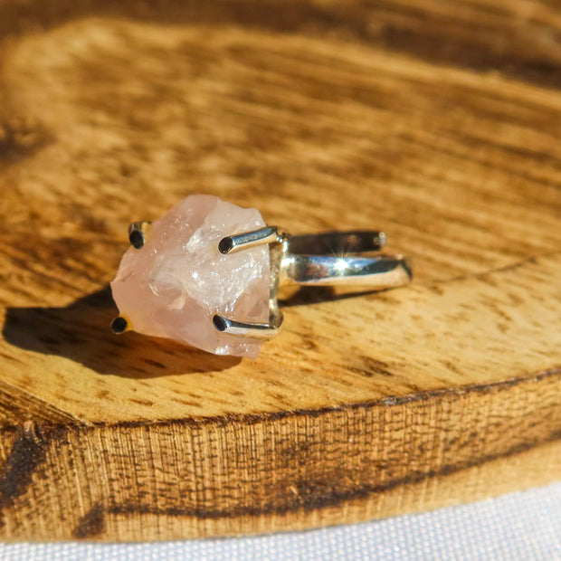 Rough Rose Quartz 925 Sterling Silver Adjustable Ring | Raw Unique Jewelry