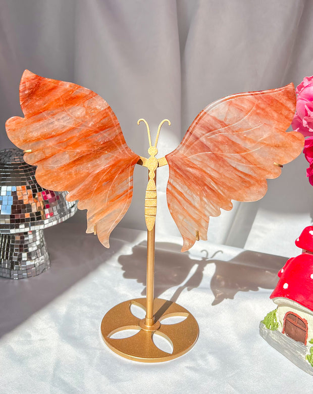 XL Fire Quartz Butterfly Wings on Gold Stand Statement Statue