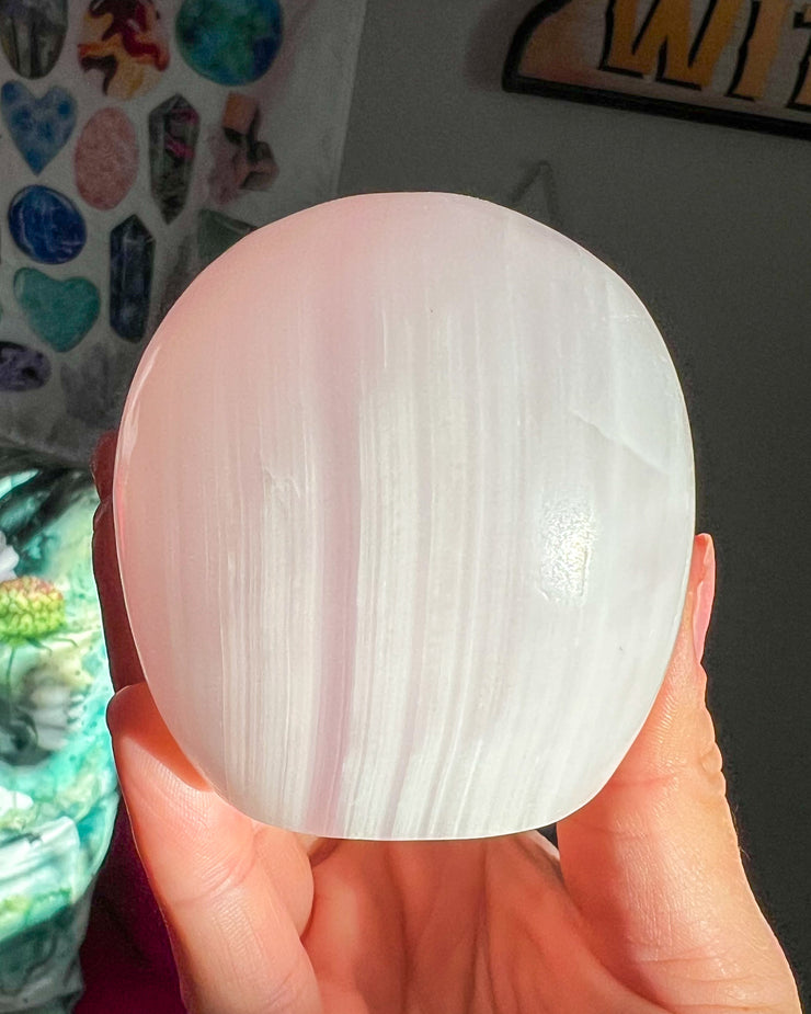 Pastel Pink Banded Mangano Calcite Skull - Statement Crystal (UV+)