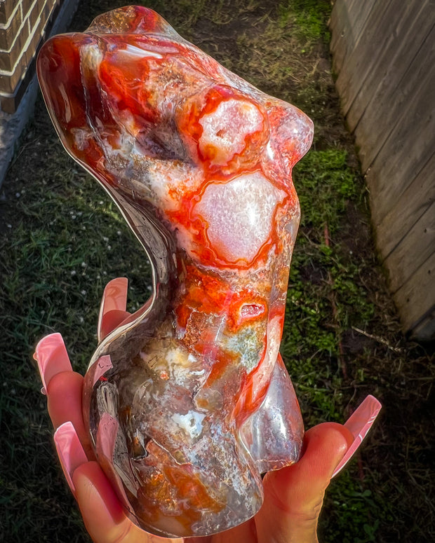 Carnelian Moss Agate x Quartz Goddess Statue | Druzy Banded Sparkly Silhouette Crystal Self Standing Feminine Divine Carving Home Decor