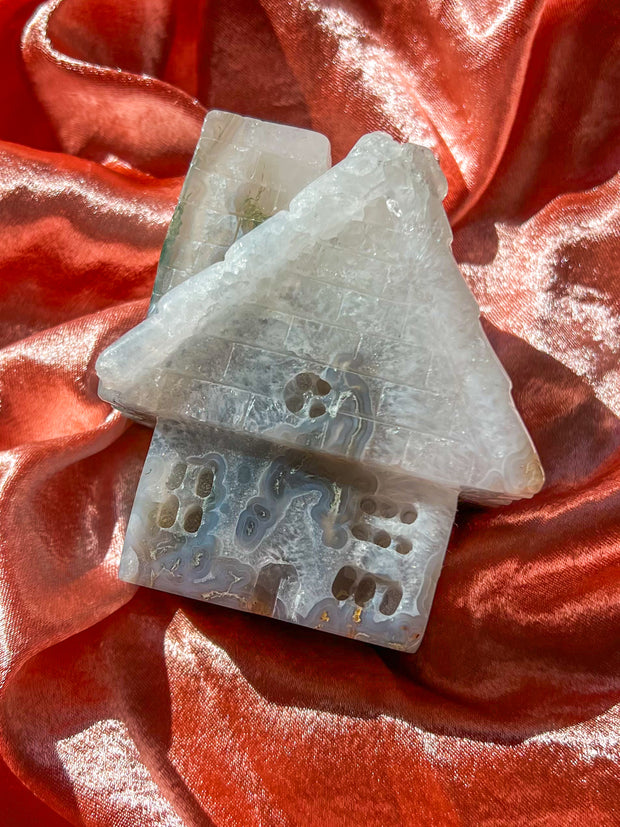 Moss Agate x Quartz Fairy House Statue | Pixie Banded Druzy Cottage Crystal Self Standing Fairycore Home Decor