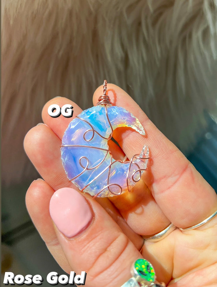 Opalite Crescent Moon Pendant (Two Sizes, 11 Custom Wire Colors)