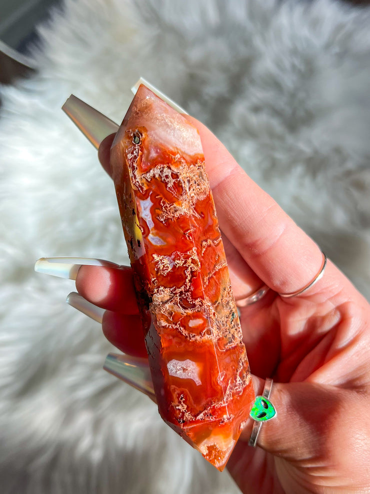 Carnelian Moss Agate Druzy Double Terminated Point #1