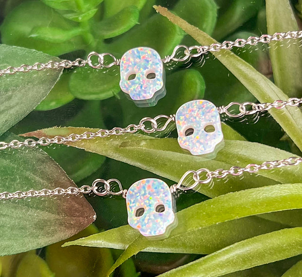 White Lab-Opal Skull Choker Necklace