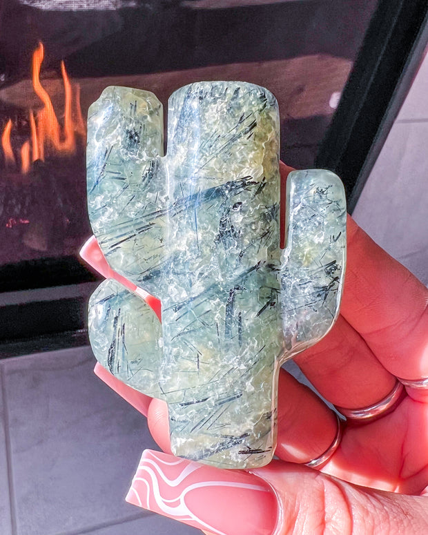 Prehnite x Black Tourmaline Cactus #1 | Cacti Crystal Self Standing Carving Home Decor Gemstone Desert Energy Rutile