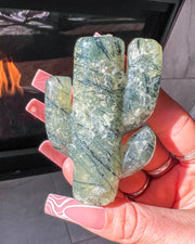 Prehnite x Black Tourmaline Cactus #1 | Cacti Crystal Self Standing Carving Home Decor Gemstone Desert Energy Rutile