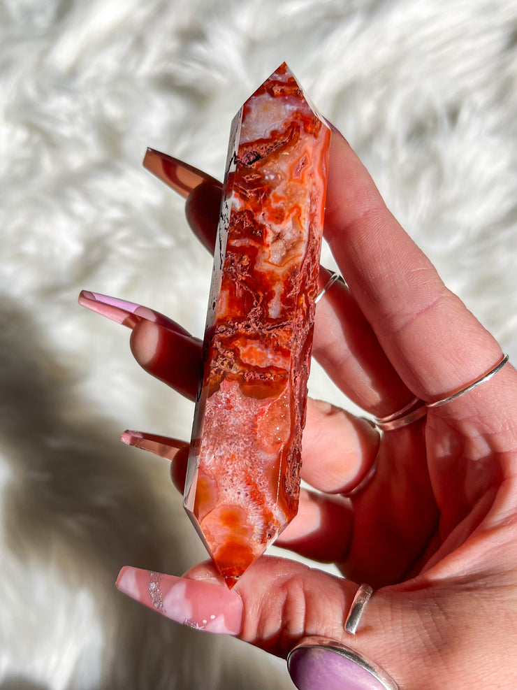 Carnelian Moss Agate Druzy Double Terminated Point #5