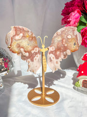 XL Druzy Pink Amethyst x Flower Agate Butterfly Wings on Gold Stand Statement Statue