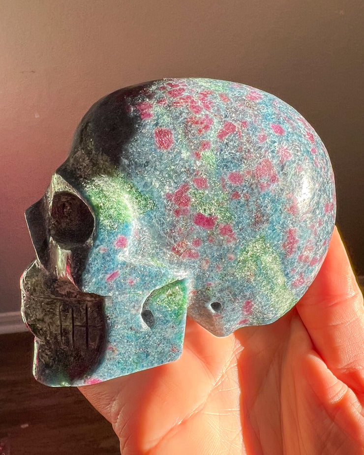 Ruby Kyanite w/ Ziosite & Mica Skull - Statement Crystal (UV+)