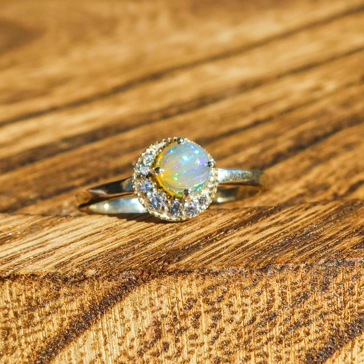 Flashy Opal With Cubic Zirconia Crecent Moon 925 Sterling Silver Ring | October Birthstone Unique Jewelry