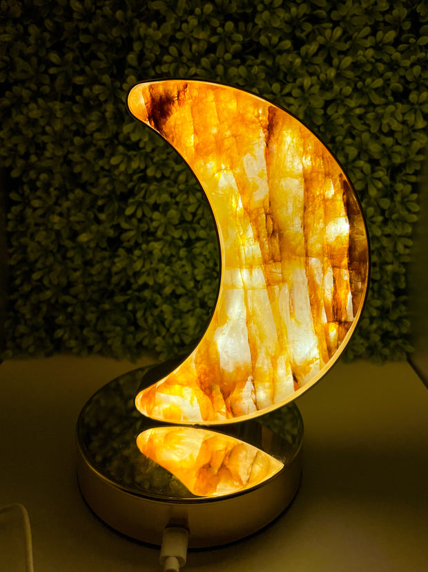 Large Golden Healer Quartz Crescent Moon Lamp {Gold}