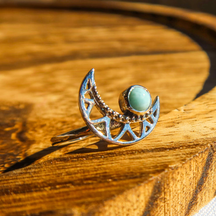 Larimar Crescent Moon 925 Sterling Silver Ring | Unique Jewelry