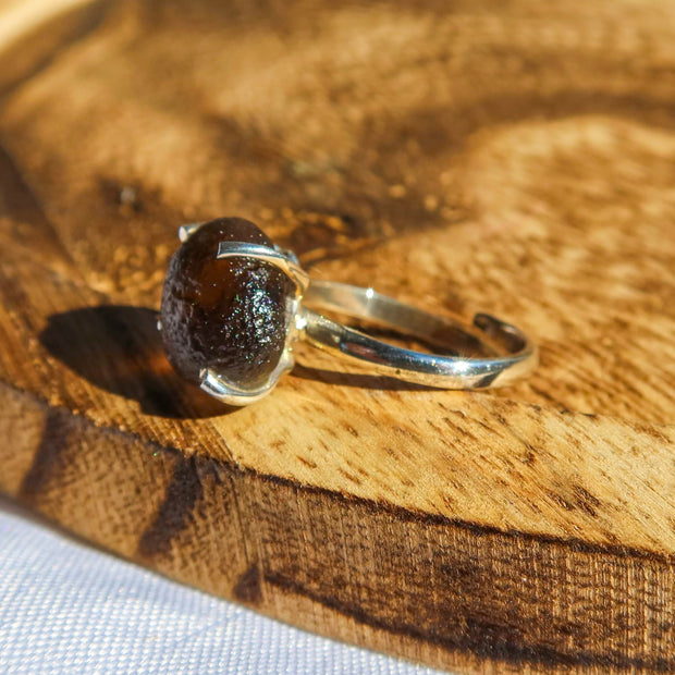 Rough Colombianite Tektite 925 Sterling Silver Ring | Raw Unique Jewelry