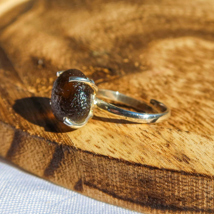 Rough Colombianite Tektite 925 Sterling Silver Ring | Raw Unique Jewelry