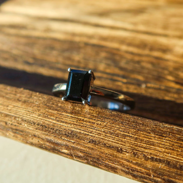 Black Spinel 925 Sterling Silver Ring | Rectangle Unique Cut Jewelry