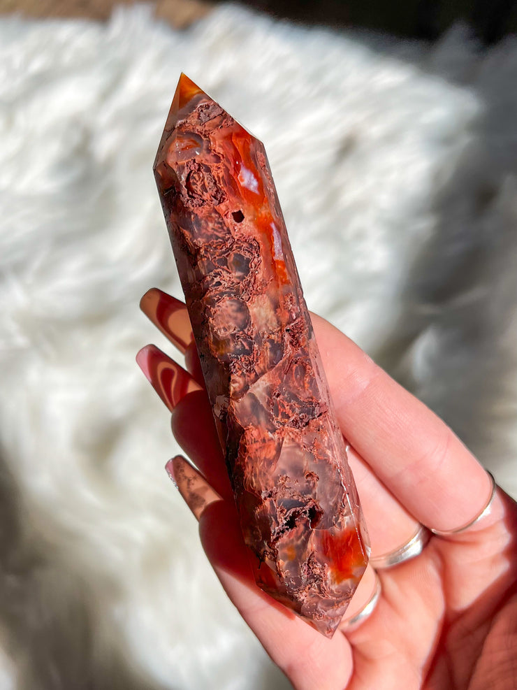 Carnelian Moss Agate Druzy Double Terminated Point #7