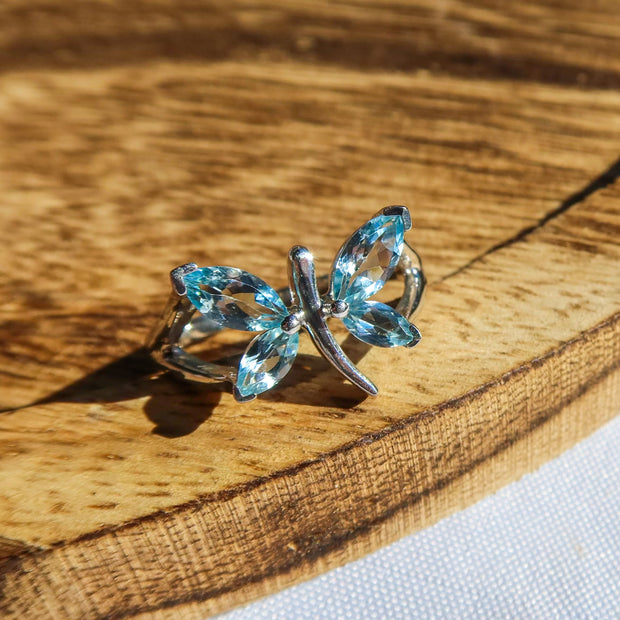 Multi Faceted Blue Topaz Dragonfly 925 Sterling Silver Ring | Unique Jewelry