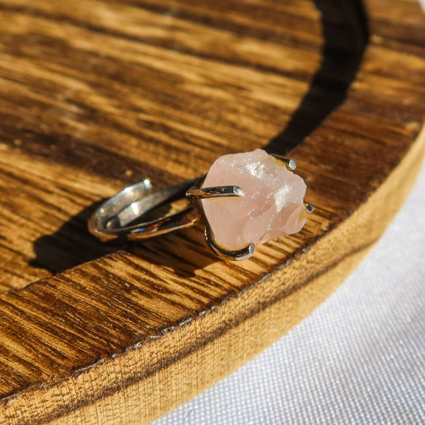Rough Rose Quartz 925 Sterling Silver Adjustable Ring | Raw Unique Jewelry