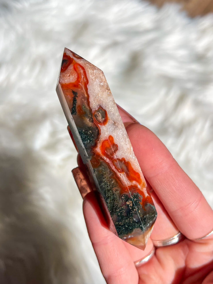 Carnelian Moss Agate Druzy Double Terminated Point #9