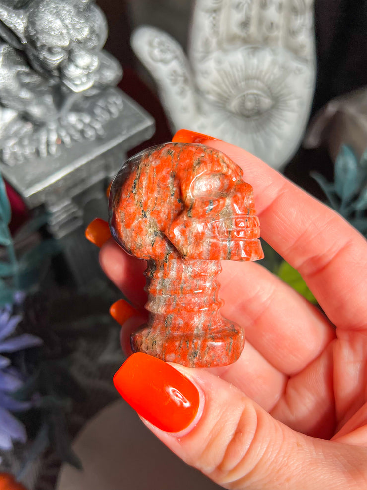 Red Seseme Jasper Skull w/ Neck on Stand