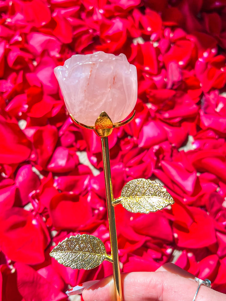 Rose Fire Quartz Crystal Rose w/ Gold Stem