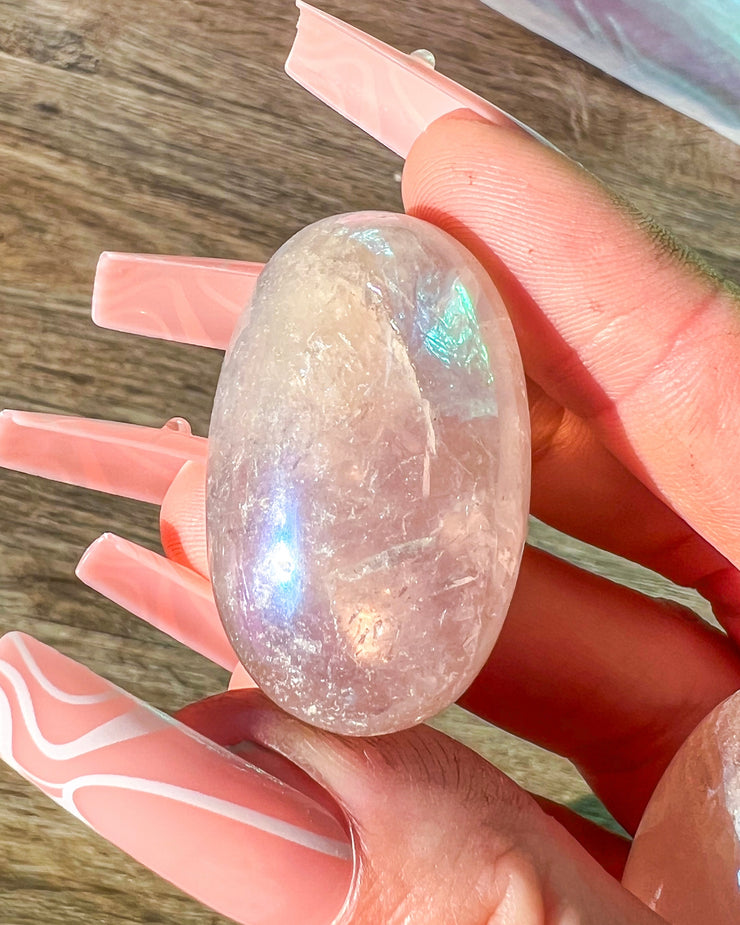 Aura Rose Quartz Tumbled Stone | Shiny Pink Holographic Tumbles Gift Cute Pocket Gemstone
