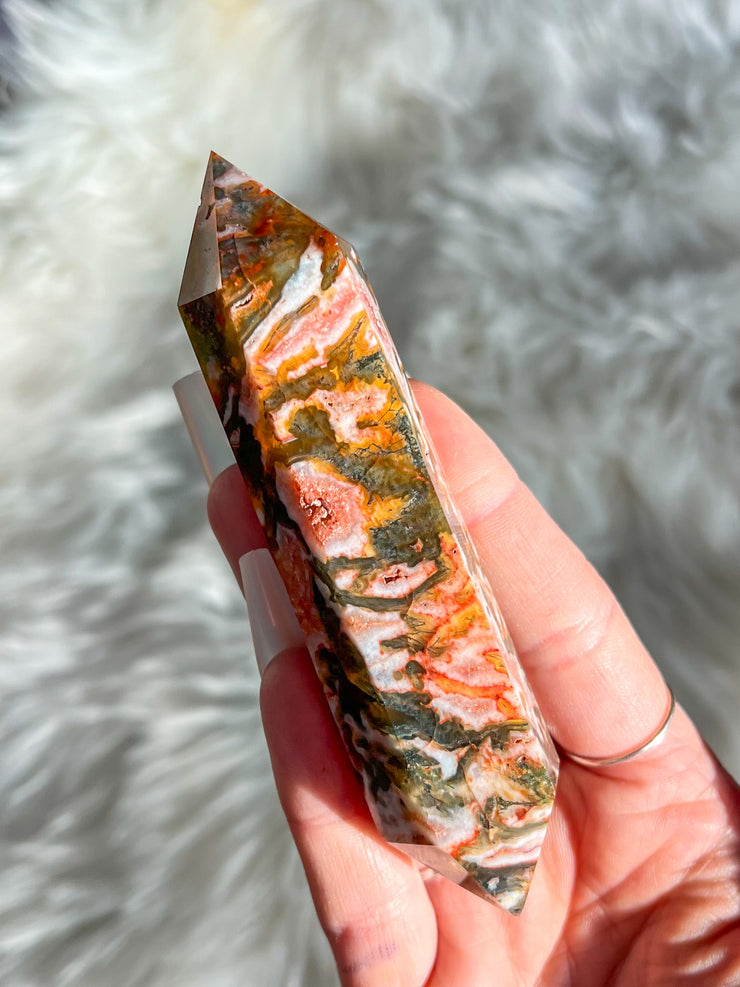 Carnelian Moss Agate Druzy Double Terminated Point #4