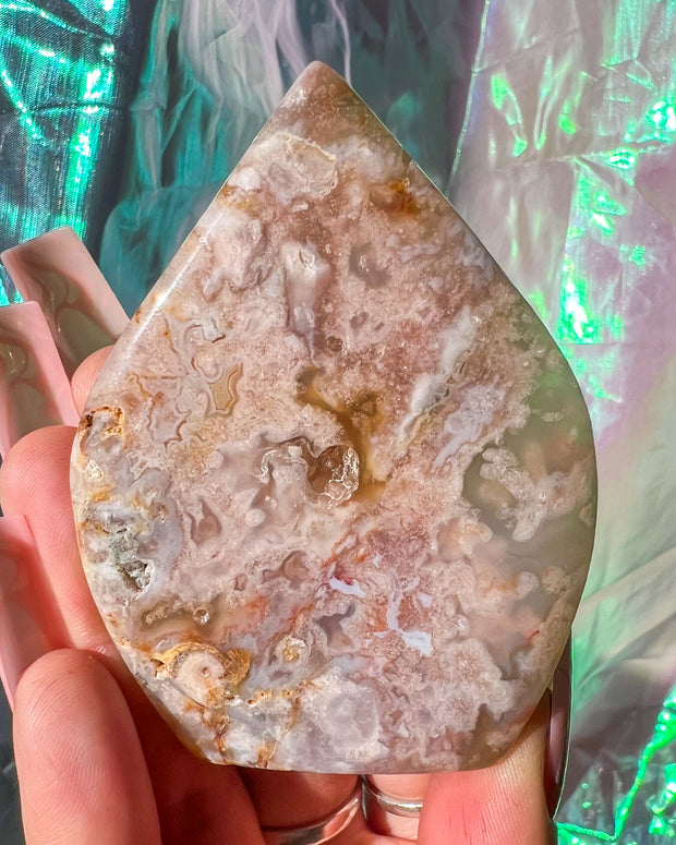 Flower Agate Freeform #7 | Druzy Crystal Self Standing Flame Home Decor