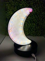 Large Pastel Rainbow Fluorite w/ Dendritic Inclusions Crescent Moon Lamp {Black}
