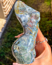 Ocean Jasper x Quartz x Banded Agate Goddess Statue | Druzy Sparkly Silhouette Crystal Self Standing Feminine Divine Carving Home Decor