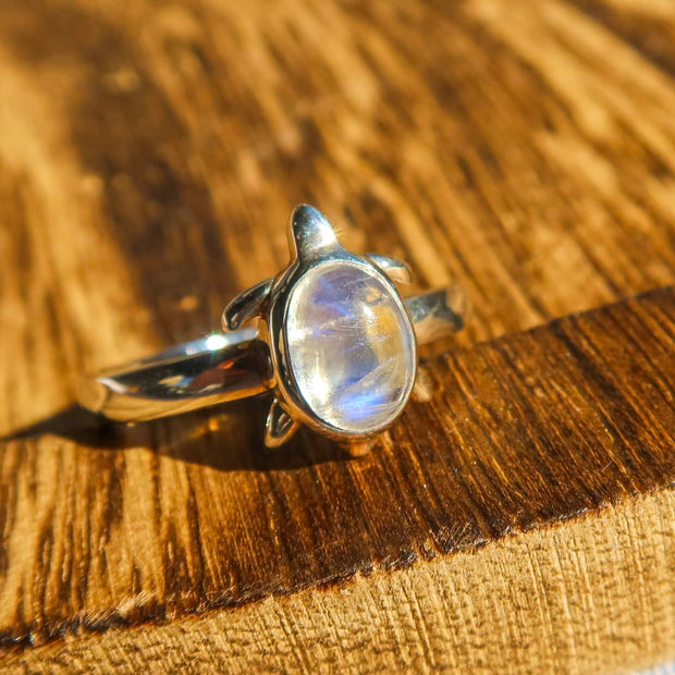 Rainbow Moonstone Sea Turtle 925 Sterling Silver Ring | December Birthstone Unique Jewelry