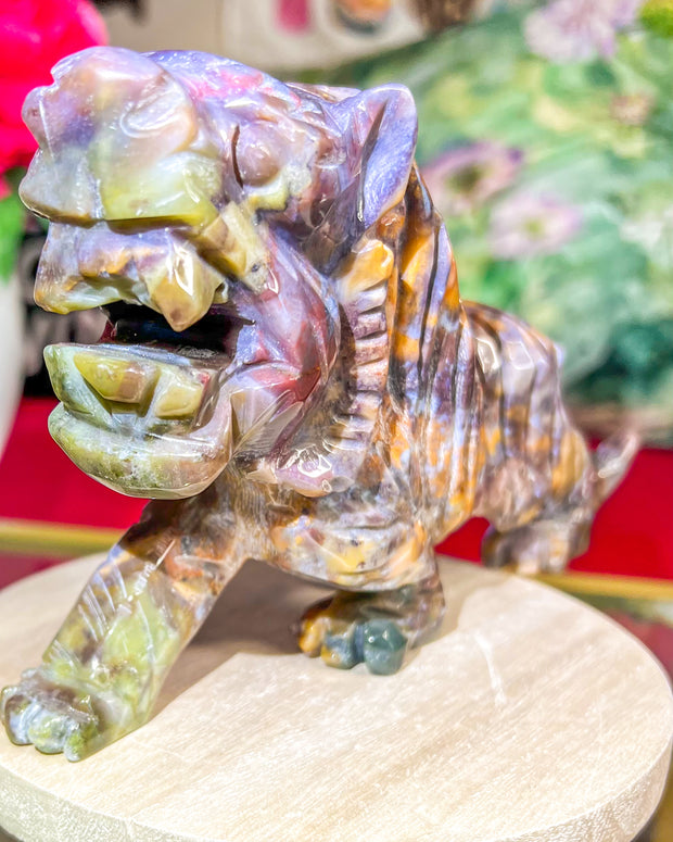 Purple Ocean Jasper Lion Statue | Colorful Sparkly Druzy Self Standing Animal Tiger Carving Safari Jungle Home Decor