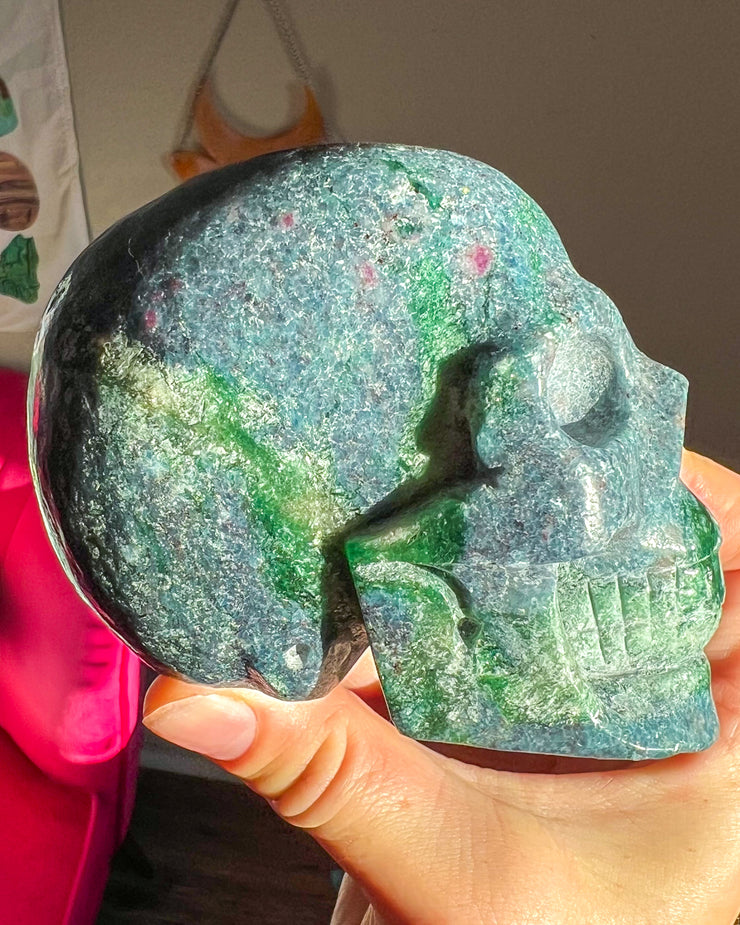 Ruby Kyanite w/ Ziosite & Mica Skull - Statement Crystal (UV+)