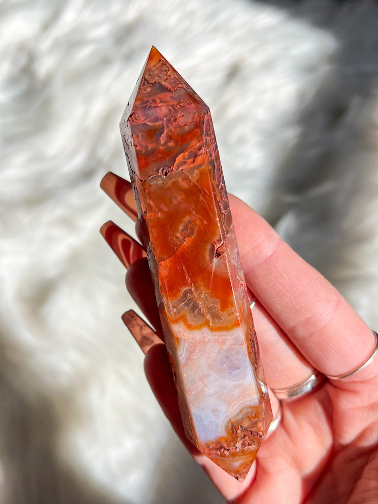 Carnelian Moss Agate Druzy Double Terminated Point #7